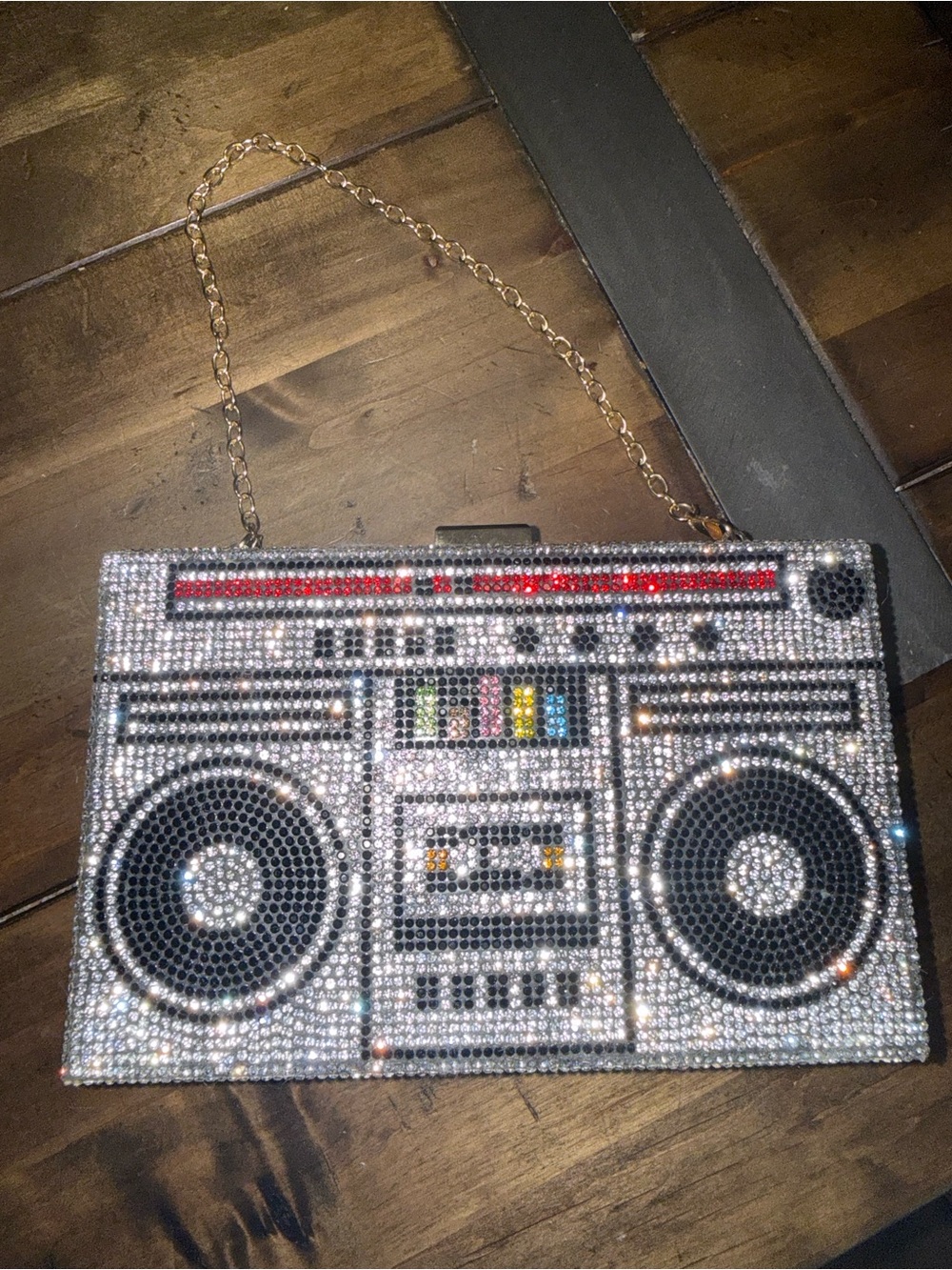 Crystal Boombox Clutch Bag - Silver Rhinestone Portable Audio Design